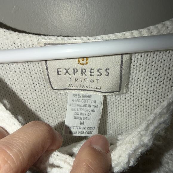 Express Tricot Vintage 90s White Crochet Sweater Womans M Vest Boho Ramie Cotton - Picture 6 of 9